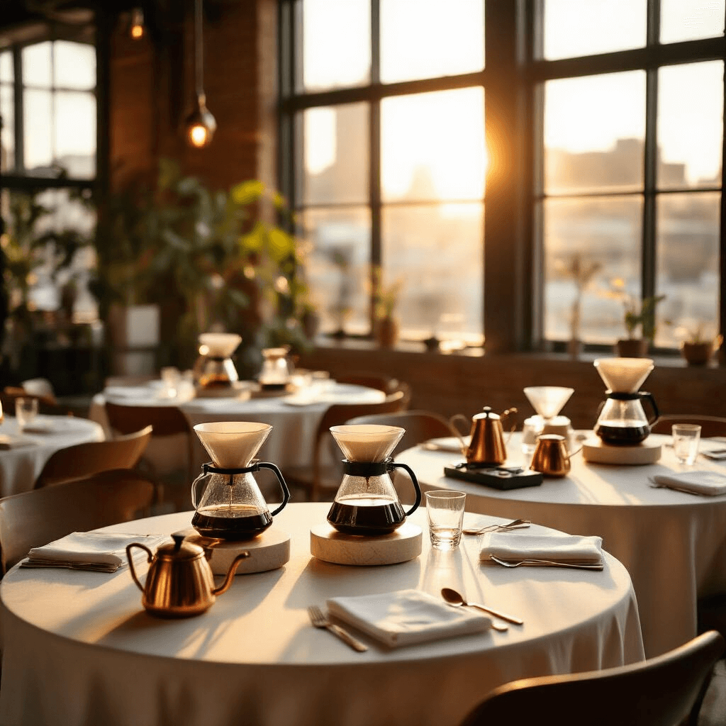The Ultimate Guide to Pour Over Coffee Makers: Choosing Your Perfect Brew Companion Cinematic wide-angle shot of an elegant coffee tasting event in a modern loft, featuring round tables with white linens, pour-over coffee makers, copper kettles, and warm golden hour sunlight streaming through large windows.
