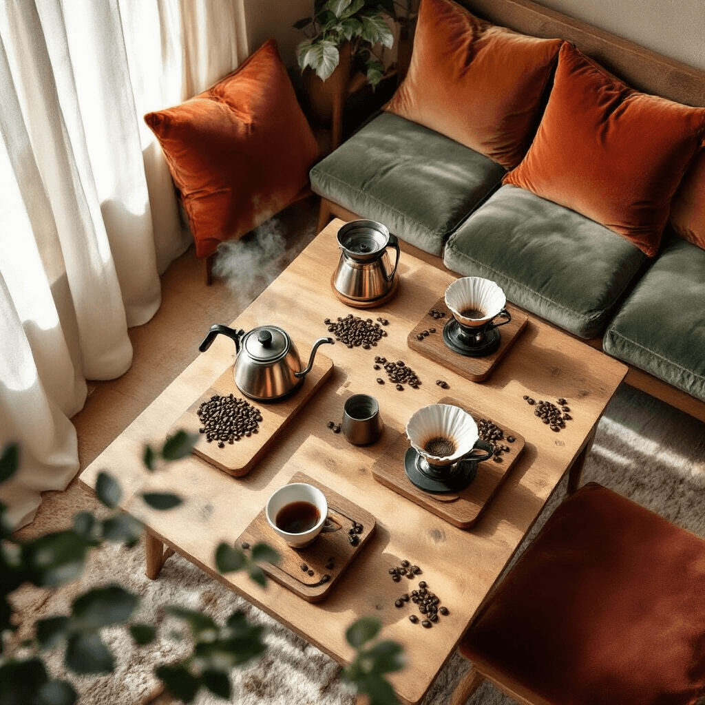 The Ultimate Guide to Pour Over Coffee Makers: Choosing Your Perfect Brew Companion Overhead view of a cozy coffee workshop in a living room, featuring low wooden tables with precision brewing equipment, velvet cushions, and scattered coffee beans, bathed in soft morning light.