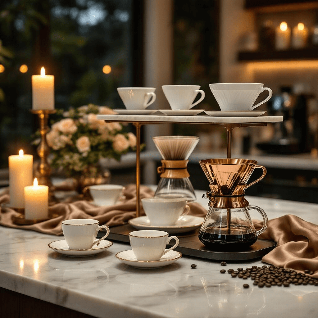 The Ultimate Guide to Pour Over Coffee Makers: Choosing Your Perfect Brew Companion Close-up of a luxurious coffee bar on a marble kitchen island, showcasing premium pour-over equipment and fine china. Candlelight reflects off polished surfaces, with a color palette of gold, ivory, and deep espresso browns, creating an intimate and sophisticated atmosphere.