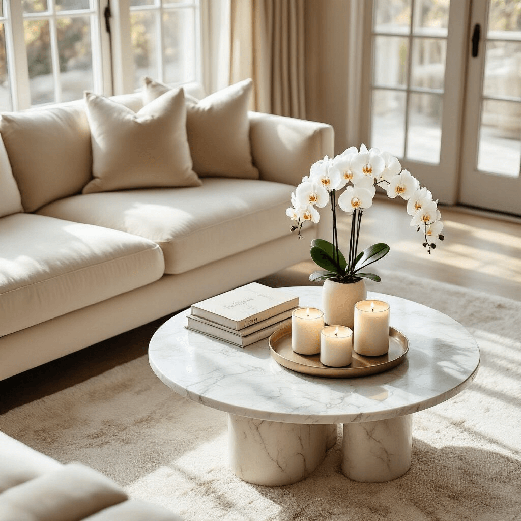 The Ultimate Guide to Choosing and Styling Your Living Room Coffee Table Overhead view of an elegant round marble coffee table in a modern living room, styled with a ceramic tray of vanilla candles, art books, and a white orchid arrangement, with a cream velvet sofa and plush area rug visible, all in a warm beige and ivory color palette.