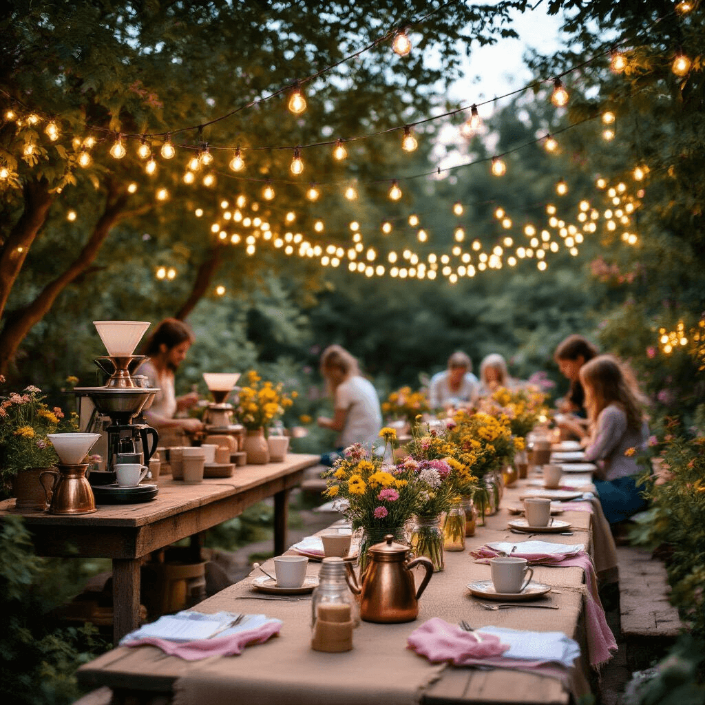 The Ultimate Guide to Pour Over Coffee Makers: Choosing Your Perfect Brew Companion A whimsical outdoor coffee party in a garden at twilight, featuring rustic wooden tables set with colorful pour over coffee stations, string lights overhead, mason jar centerpieces with wildflowers, and guests enjoying the festive atmosphere.