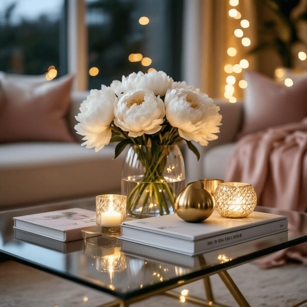 The Ultimate Guide to Choosing and Styling Your Living Room Coffee Table Close-up of a stylish glass coffee table featuring sculptural brass objects, a crystal vase with white peonies, and artfully stacked designer coffee table books, illuminated by soft fairy lights in a contemporary apartment. Blush pink and gold accents enhance the luxe minimal atmosphere, complemented by a silk throw on nearby furniture.