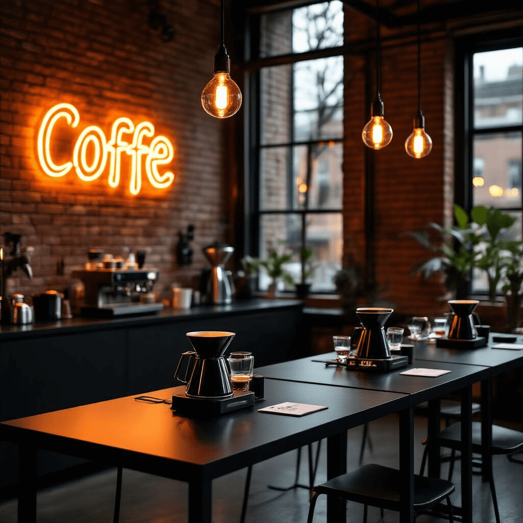 The Ultimate Guide to Pour Over Coffee Makers: Choosing Your Perfect Brew Companion Moody interior of a modern coffee cupping event in a stylish apartment, featuring sleek black tables in U-formation, professional pour over equipment, exposed brick walls, and atmospheric neon coffee signage. Pendant lights illuminate brewing stations with a color palette of charcoal, silver, and warm amber accents, alongside minimalist place settings with glass tasting cups and precision scales.