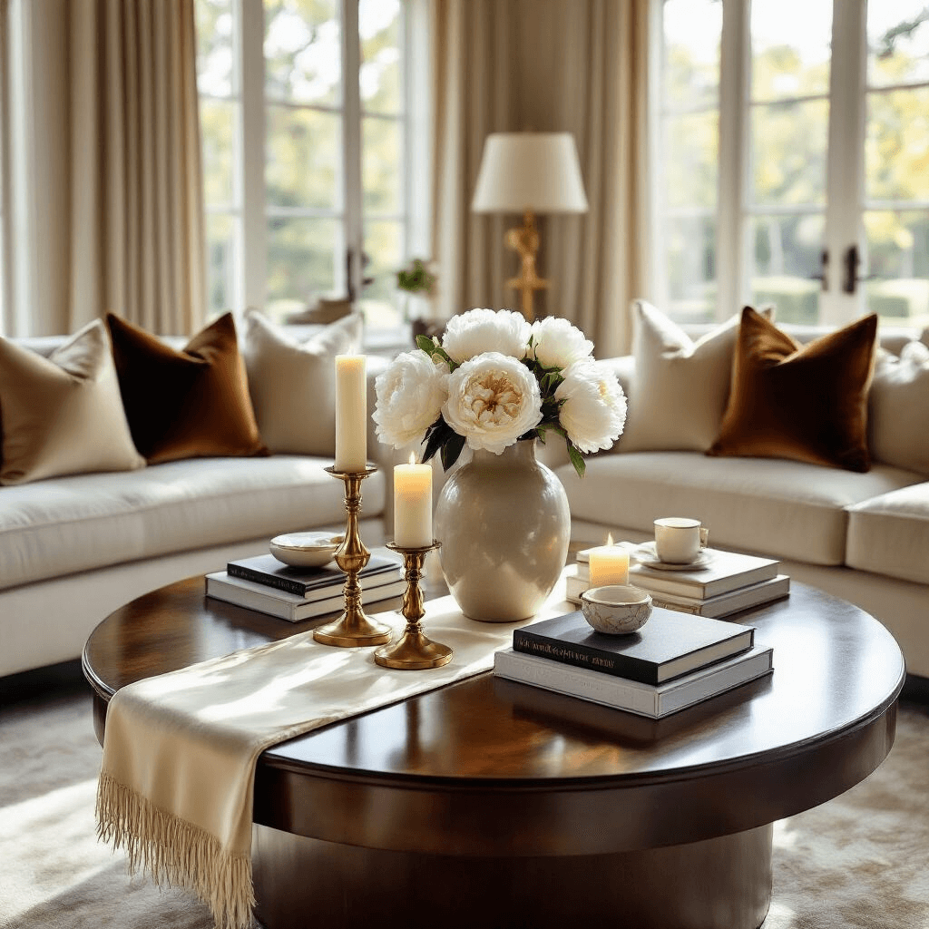 Mastering Round Coffee Table Styling: Your Ultimate Guide to Creating Stunning Centerpieces Elegant living room with a round mahogany coffee table styled with layered decor, featuring silk cream table runners, brass candlesticks, leather-bound books, and a ceramic vase of white peonies, illuminated by soft afternoon sunlight. Rich textures include velvet throw pillows and marble coasters on plush area rugs, complemented by gold metallic accents.