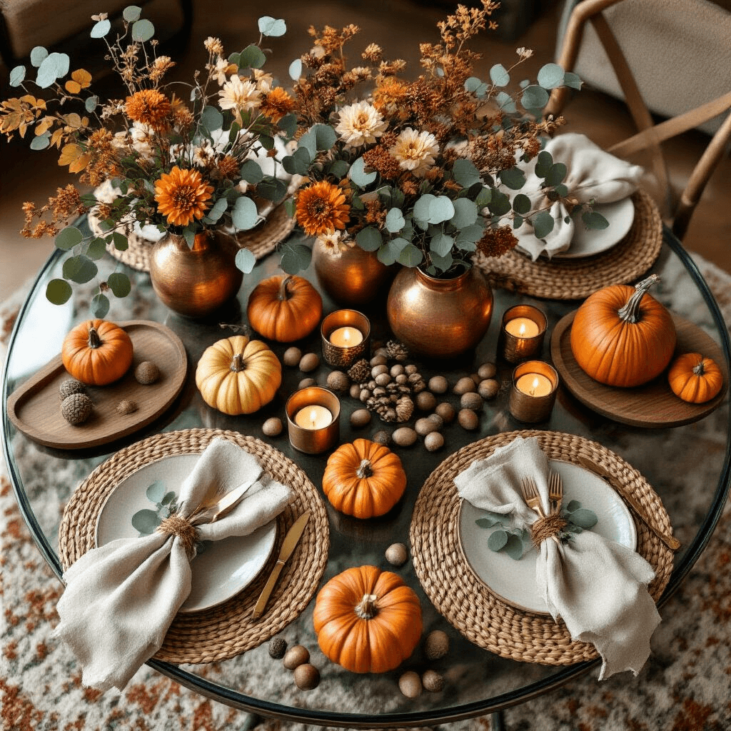 Mastering Round Coffee Table Styling: Your Ultimate Guide to Creating Stunning Centerpieces Overhead shot of a styled round glass coffee table for fall, featuring terracotta and sage colors, woven placemats, ceramic pumpkins, dried eucalyptus in copper vases, layered linen napkins, wooden trays, brass tea light holders, and scattered acorns, all lit by warm golden hour light.