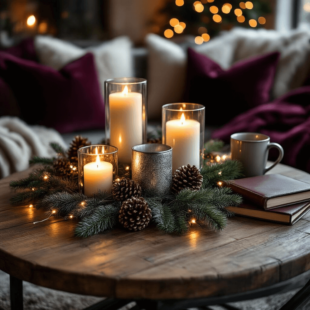 Mastering Round Coffee Table Styling: Your Ultimate Guide to Creating Stunning Centerpieces Close-up of a cozy winter evening setup featuring a round reclaimed wood coffee table adorned with evergreen sprigs, metallic silver accents, deep burgundy velvet cushions, tall pillar candles in glass hurricanes, pine cone centerpieces, cashmere throws, ceramic mugs, and leather-bound journals, illuminated by soft fairy lights.