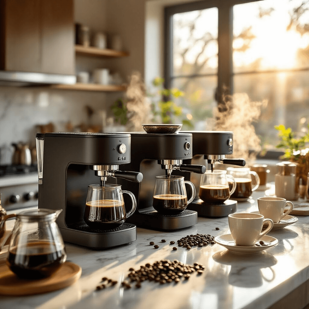 The Ultimate Guide to Coffee Makers with Built-in Grinders: Fresh Brew Every Time in 2025 Wide-angle shot of a sunlit modern apartment kitchen showcasing an elegant coffee tasting event, featuring marble countertops with sleek coffee makers, glass carafes of dark brew, and steam rising from ceramic cups, all in a cream and espresso color palette with copper accents.