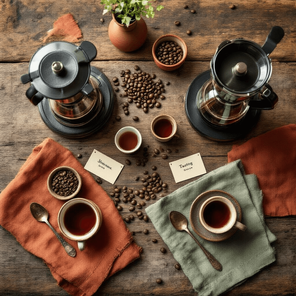 The Ultimate Guide to Coffee Makers with Built-in Grinders: Fresh Brew Every Time in 2025 Overhead flat lay of a rustic coffee comparison setup with various grinder-equipped brewing machines, arranged tasting cups, vintage spoons, and labeled cards on a wooden dining table, featuring warm terracotta and sage green linens, illuminated by natural daylight, showcasing rich coffee tones and scattered whole beans.