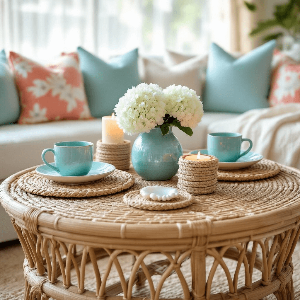 Mastering Round Coffee Table Styling: Your Ultimate Guide to Creating Stunning Centerpieces Detail shot of a round rattan coffee table styled with summer decor, featuring seagrass placemats, coral and turquoise ceramics, white hydrangeas, rope-wrapped candles, driftwood accents, mother-of-pearl coasters, and light fabrics in a bright living room illuminated by midday sunlight.