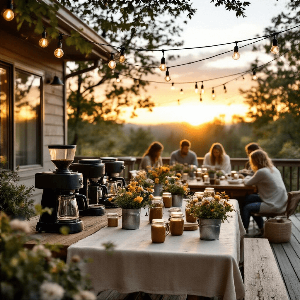 The Ultimate Guide to Coffee Makers with Built-in Grinders: Fresh Brew Every Time in 2025 A cozy backyard coffee appreciation gathering at sunset, featuring multiple brewing stations with grinder machines on natural linen-draped farm tables, surrounded by guests enjoying mason jar servings and fresh florals in galvanized buckets, all under warm string lights in an earth-tone palette.