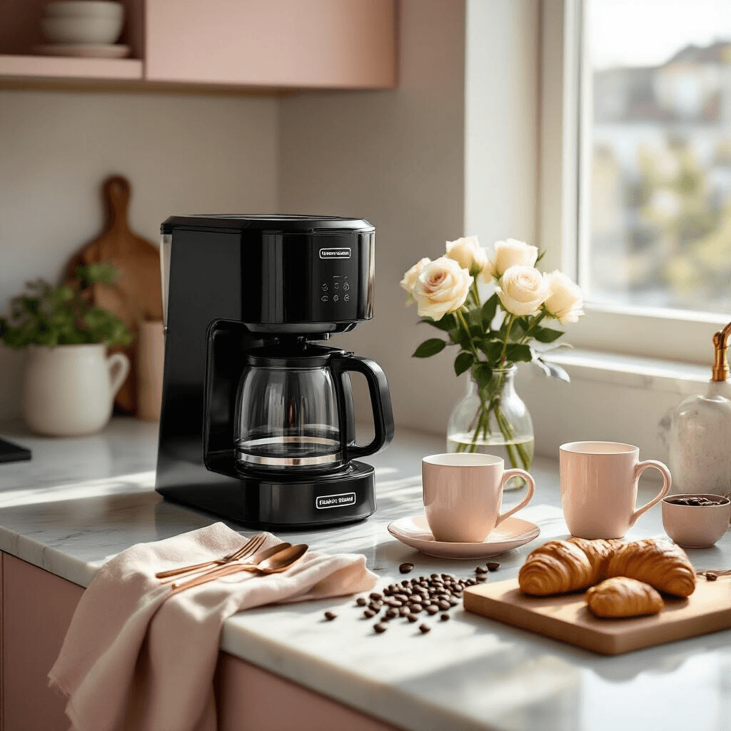 Black+Decker Coffee Maker: The Ultimate Budget-Friendly Brewing Solution Photorealistic overhead shot of a modern apartment kitchen counter featuring a sleek Black+Decker coffee maker, soft morning sunlight streaming through a window, marble countertops, an elegant breakfast setup with cream ceramic mugs, fresh white roses in a small glass vase, scattered coffee beans, artisanal pastries on a wooden cutting board, and a blush pink and cream color palette with gold accents.