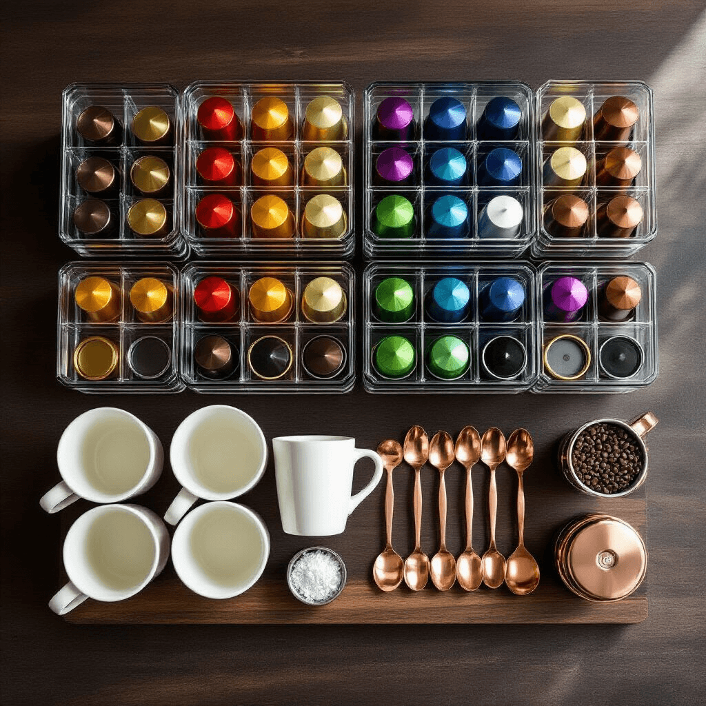 Creating the Perfect Nespresso Coffee Bar: Style Meets Function in Your Home Overhead view of a neatly arranged coffee bar on a dark walnut surface, featuring geometric glass containers filled with colorful Nespresso pods, stainless steel accessories, white mugs, and copper spoons, all illuminated by soft natural light.