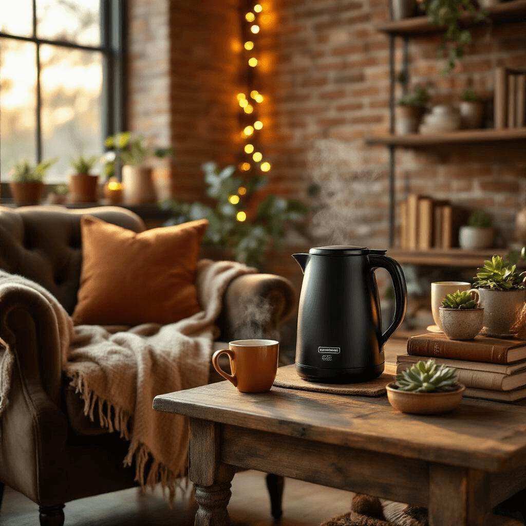 Black+Decker Coffee Maker: The Ultimate Budget-Friendly Brewing Solution Cinematic view of a cozy living room coffee station during golden hour, featuring a Black+Decker thermal carafe on a rustic wooden side table beside a velvet armchair, surrounded by warm amber lighting, fairy lights, terracotta and sage decor, woven blankets, ceramic mugs, leather-bound books, and small succulents, with steam rising from freshly brewed coffee.