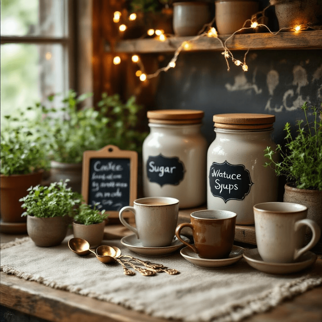 Creating the Perfect Nespresso Coffee Bar: Style Meets Function in Your Home Cozy coffee nook with ceramic storage jars, vintage brass measuring spoons, and handwritten labels, adorned with soft fairy lights and a textured linen runner, featuring potted herbs and artisanal coffee cups in warm earth tones.