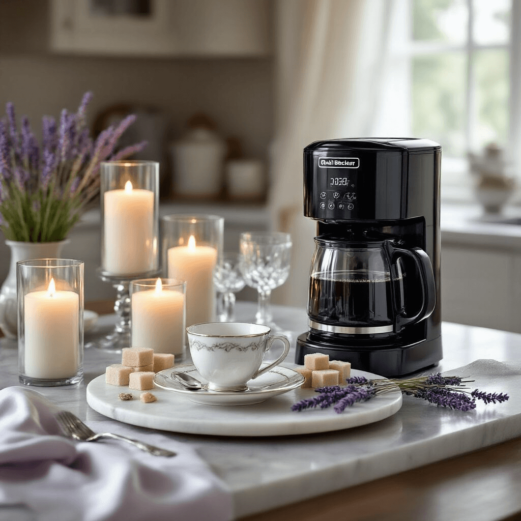 Black+Decker Coffee Maker: The Ultimate Budget-Friendly Brewing Solution Elegant kitchen island breakfast setup featuring a Black+Decker programmable coffee maker, soft candlelit ambiance with pillar candles, a round marble serving tray with bone china cups and artisan sugar cubes, and a lavender and silver color palette with silk accents.