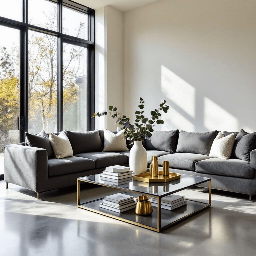 The Ultimate Guide to Square Coffee Tables: Elevating Your Living Room Aesthetic Elegant modern living room featuring a sleek glass and metal coffee table, surrounded by a charcoal gray sectional sofa. Sunlight filters through floor-to-ceiling windows, illuminating polished concrete floors. Decor elements include coffee table books, white vases with eucalyptus, brass candlesticks, and a geometric tray, all set in a minimalist color palette of whites, grays, and warm brass accents.
