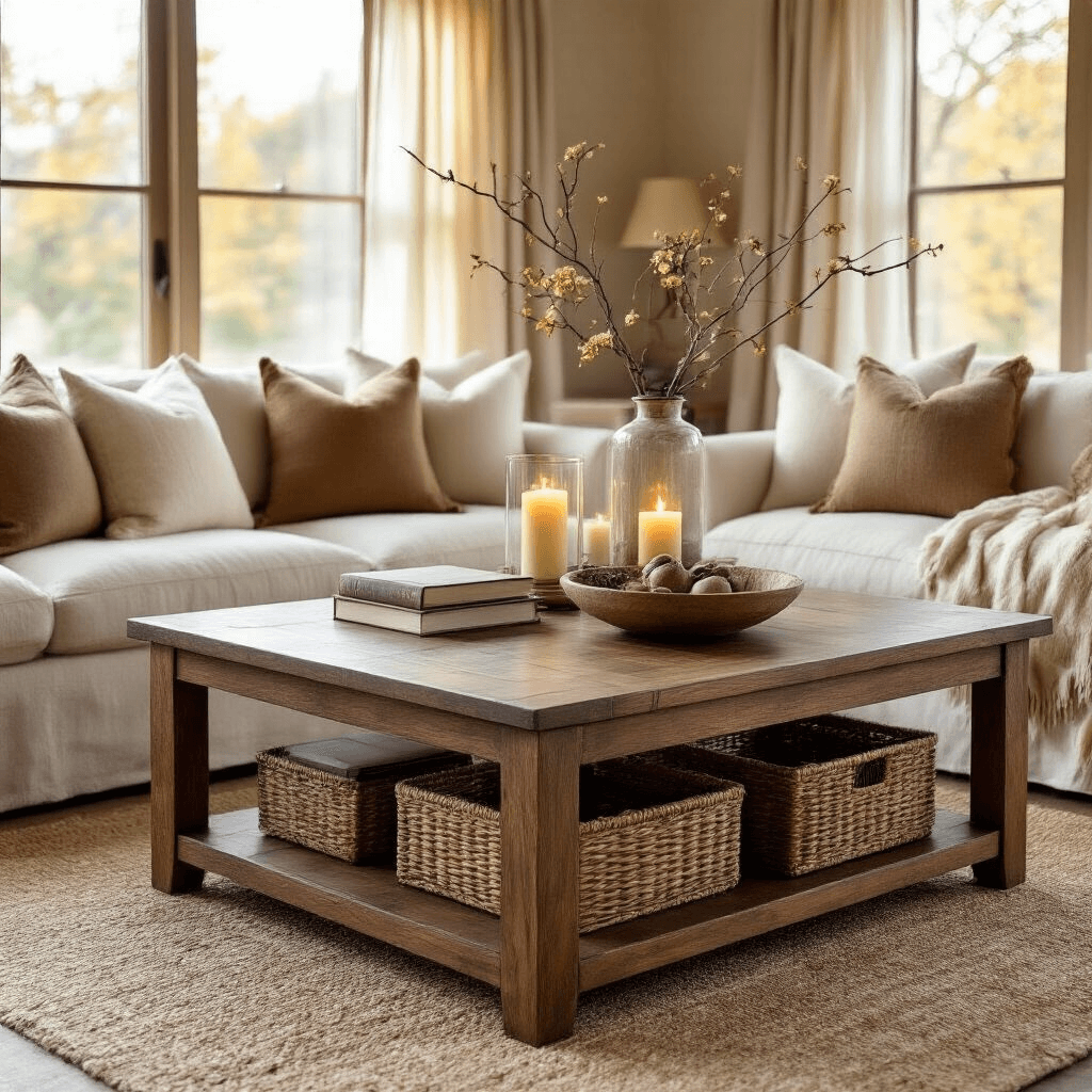 The Ultimate Guide to Square Coffee Tables: Elevating Your Living Room Aesthetic Cozy rustic living room with a walnut-finished square coffee table surrounded by a cream linen sofa, decorated with vintage books, pillar candles, and woven storage baskets, bathed in warm golden hour light.