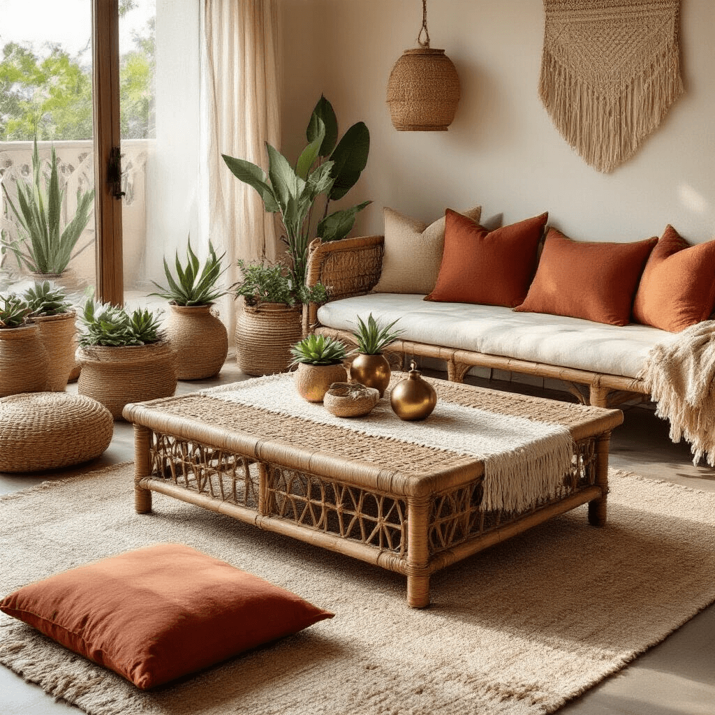 The Ultimate Guide to Square Coffee Tables: Elevating Your Living Room Aesthetic Boho chic apartment interior featuring a textured square rattan and dark wood coffee table surrounded by low-profile terracotta and cream floor cushions, decorated with a macrame runner, brass sculptures, ceramic succulent planters, and decorative baskets, all under soft morning light.