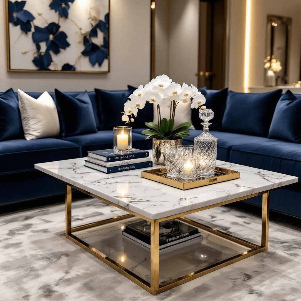 The Ultimate Guide to Square Coffee Tables: Elevating Your Living Room Aesthetic Luxurious contemporary living room featuring a marble-top coffee table on brass legs, a deep navy velvet sectional, and candlelit ambiance, styled with art books, crystal decanters, and fresh white orchids on a mirrored tray, showcasing a sophisticated palette of navy, ivory, brass, and crystal clear accents.
