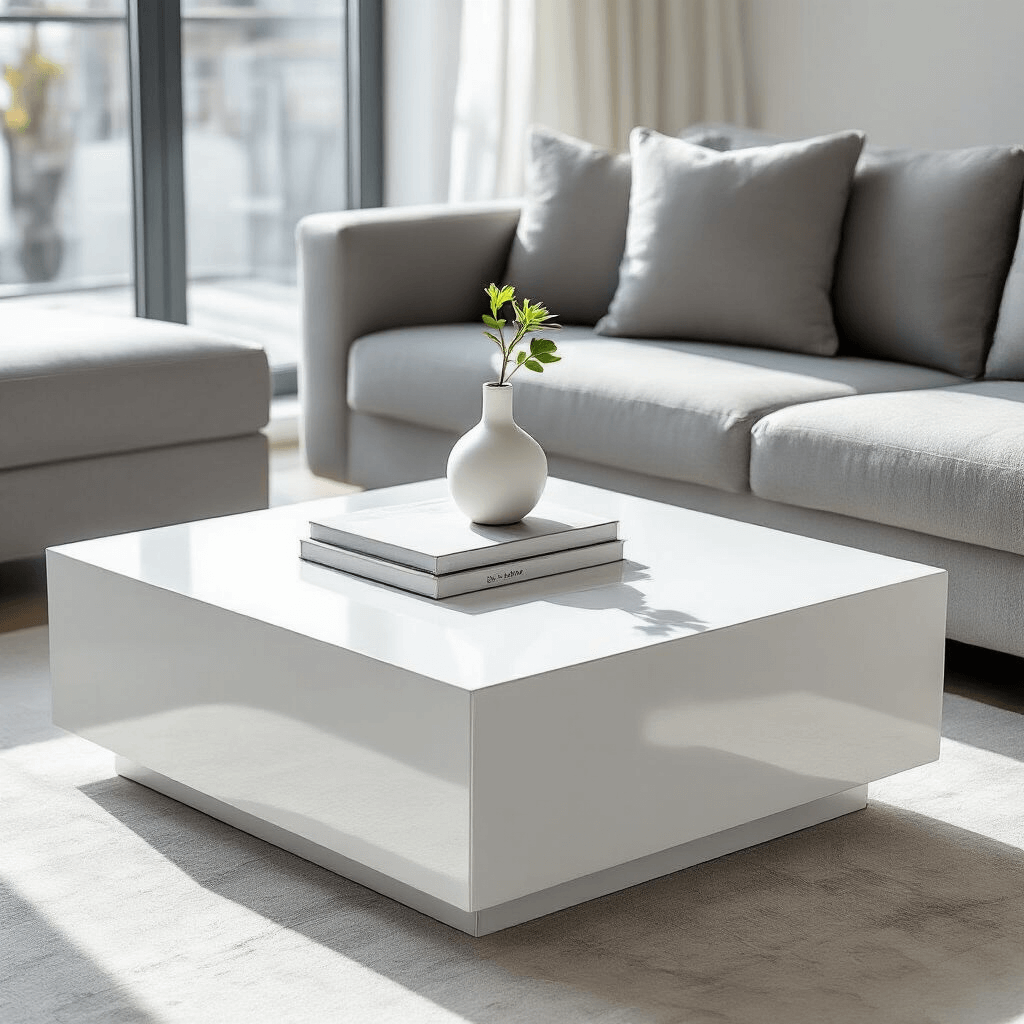 The Ultimate Guide to Square Coffee Tables: Elevating Your Living Room Aesthetic Modern minimalist apartment featuring a sleek white lacquer square coffee table, a gray sofa, and bright sunlight streaming through large windows, highlighting clean lines, minimal decor, and functional design elements.