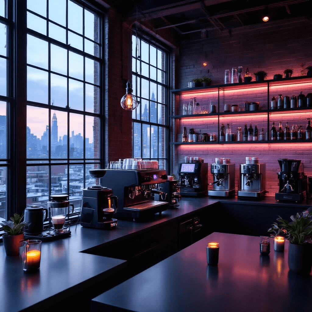 Spinn Coffee Maker Review: A Smart, Innovative Brewing Experience A modern coffee bar in a loft with smart brewing equipment, digital displays, and sleek black surfaces, illuminated by subtle LED accent lighting, showcasing city views through industrial windows. Floating shelves hold multiple coffee makers, with ambient purple-blue lighting enhancing the sophisticated atmosphere.