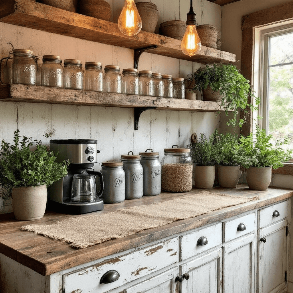 Coffee Bar Decor: Transform Your Space into a Stylish Brewing Haven A rustic farmhouse coffee station in a cozy kitchen nook featuring reclaimed wood shelving, vintage mason jar storage, burlap runners, galvanized metal containers, and distressed white cabinets, illuminated by warm Edison bulb pendant lighting, with fresh greenery in ceramic planters, all presented from an overhead flat lay perspective in earth tones.