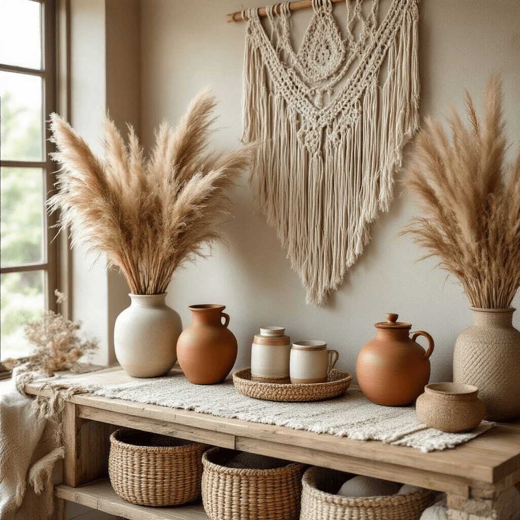 Coffee Bar Decor: Transform Your Space into a Stylish Brewing Haven A cozy boho chic coffee bar setup featuring a floating console adorned with macrame wall hangings and dried pampas grass. The scene includes woven baskets, terracotta and cream ceramic vessels, brass accents, and textured linen runners, all bathed in warm golden hour light for a dreamy atmosphere. Close-up of artisanal accessories emphasizes natural materials and a palette of warm neutrals with hints of sage green.