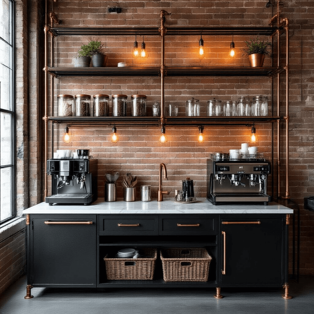 Coffee Bar Decor: Transform Your Space into a Stylish Brewing Haven A stylish industrial coffee station with black metal shelving and an exposed brick wall, featuring copper pipe accents, sleek glass canisters, matte black appliances, and geometric marble serving pieces, illuminated by warm Edison string lights in a moody urban loft setting.