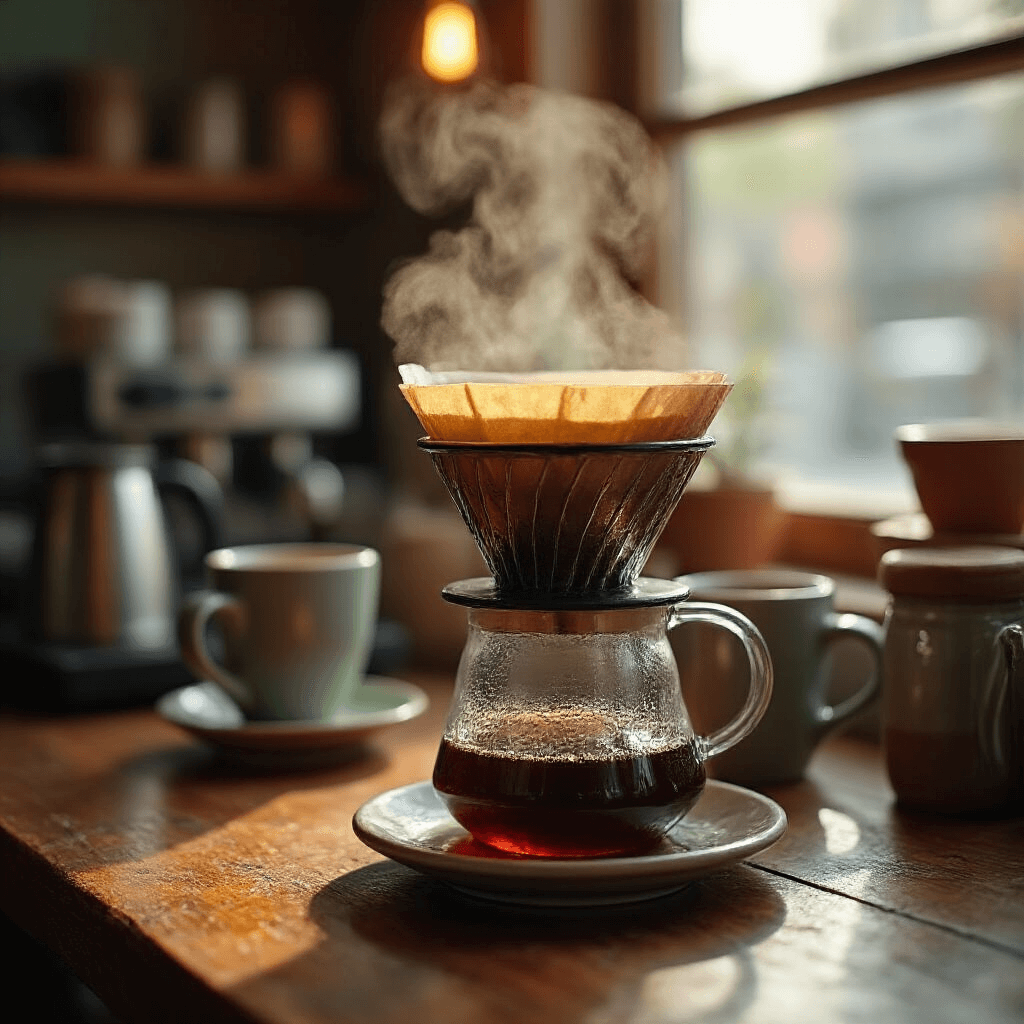 The Ultimate Guide to Plastic-Free Coffee Makers: Brewing Healthier, Cleaner Coffee Close-up of steam rising from a glass coffee dripper, with soft afternoon light illuminating stainless steel filters, ceramic mugs, and wooden accessories on a weathered oak table, set in a cozy cafe corner with warm earth tones of terracotta and sage.