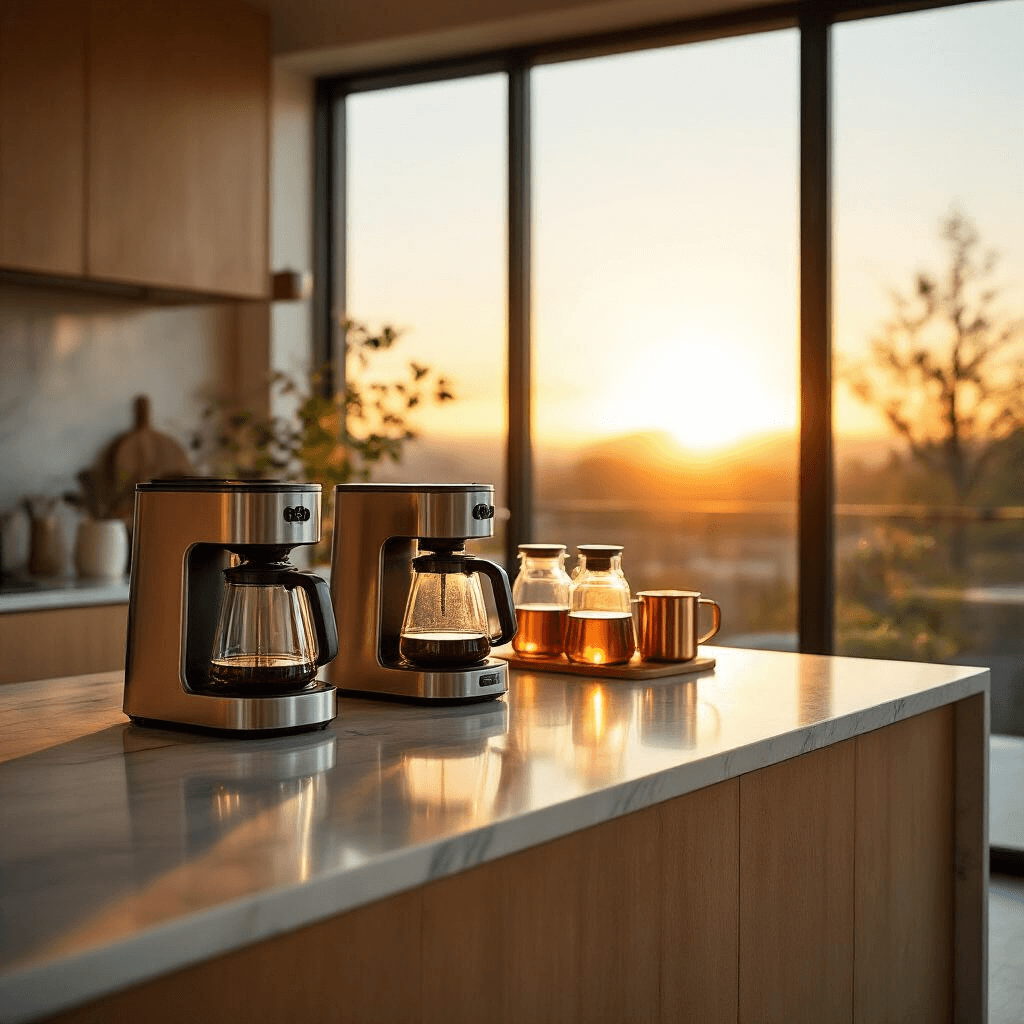 The Ultimate Guide to Plastic-Free Coffee Makers: Brewing Healthier, Cleaner Coffee A minimalist kitchen island during golden hour, featuring stainless steel coffee makers and glass vessels reflecting warm light through large windows, with clean lines, marble surfaces, and copper accents; plastic-free brewing equipment highlighted by professional lighting.