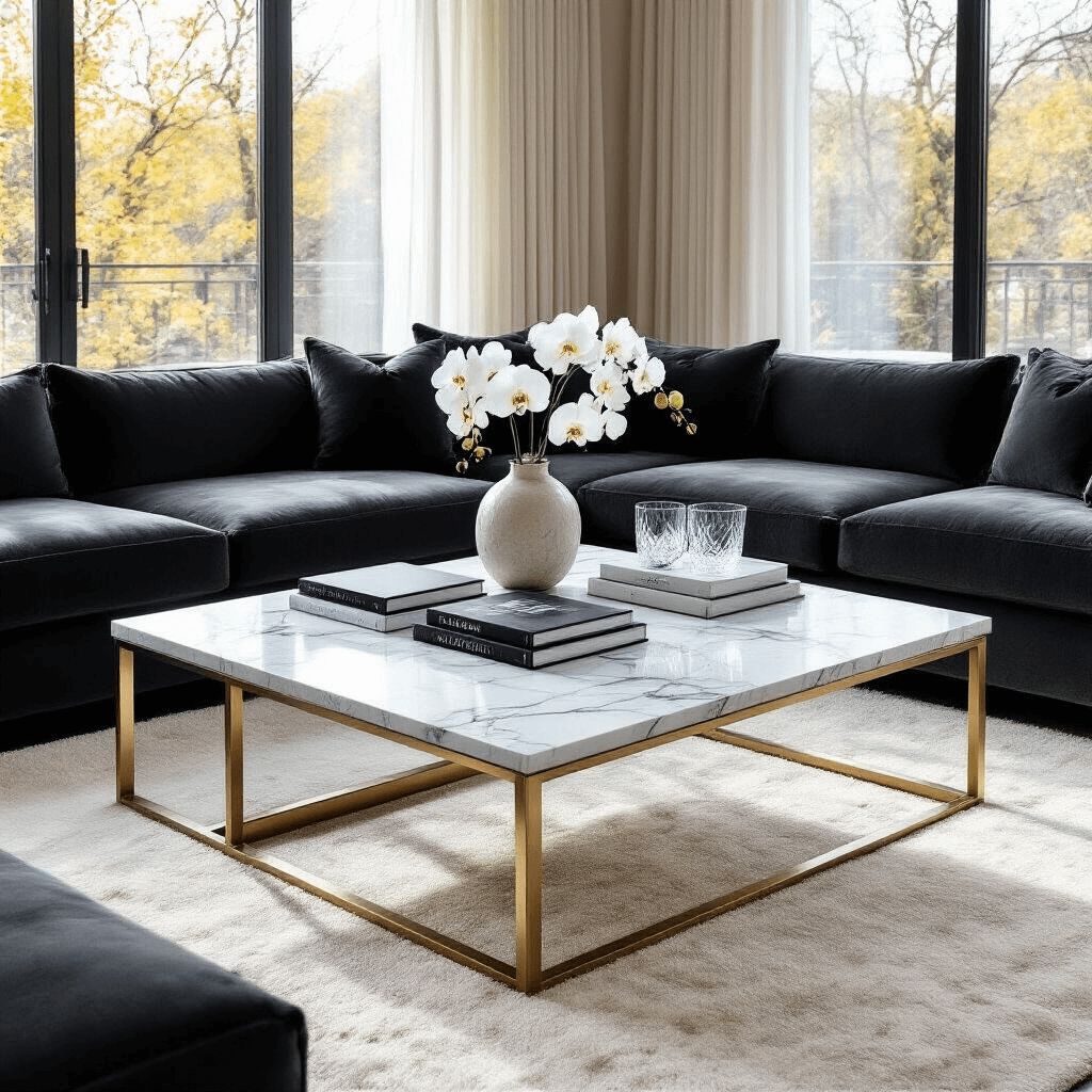 Unique Coffee Tables: Transforming Living Spaces into Artistic Sanctuaries Wide-angle shot of a luxurious modern living room featuring a marble and metal coffee table, illuminated by soft afternoon sunlight, surrounded by a charcoal velvet sectional sofa and minimalist decor.