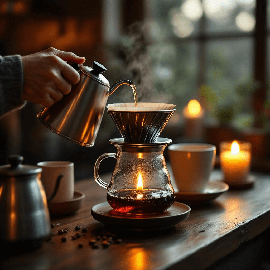 The Ultimate Guide to Plastic-Free Coffee Makers: Brewing Healthier, Cleaner Coffee Close-up of hands pouring hot water over a glass coffee dripper amidst candlelight, with warm amber light reflecting off stainless steel and ceramic on a dark wood surface, creating an intimate ambiance.