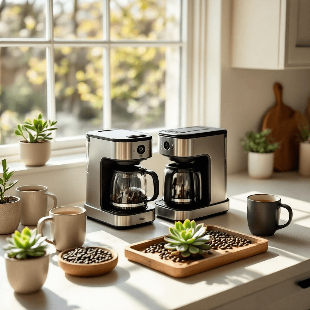 The Ultimate Guide to Dual Coffee Makers: Brewing Perfection for Every Morning Overhead view of a modern kitchen counter with a dual coffee maker as the centerpiece, surrounded by ceramic mugs, a wooden tray with fresh coffee beans, and a small succulent plant, all illuminated by soft morning sunlight. The setup features a neutral palette of cream, warm wood tones, and coffee browns, with clean minimal styling and symmetrical arrangement.