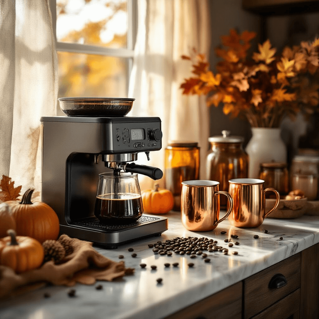 The Ultimate Guide to Dual Coffee Makers: Brewing Perfection for Every Morning Cinematic wide-angle shot of a cozy coffee station featuring a dual brewing system on a marble countertop, adorned with copper mugs and pumpkin spice beans, all bathed in warm golden hour light filtering through sheer curtains, showcasing a rich autumn color palette.