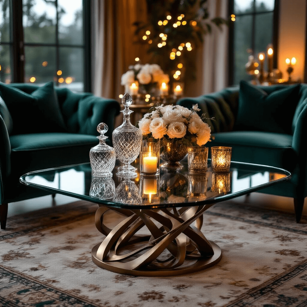 Unique Coffee Tables: Transforming Living Spaces into Artistic Sanctuaries Cinematic wide shot of an elegant living room with a sculptural glass coffee table and plush velvet chairs, illuminated by soft candlelight and fairy lights, showcasing a luxurious atmosphere with rich textures and warm metallic accents.