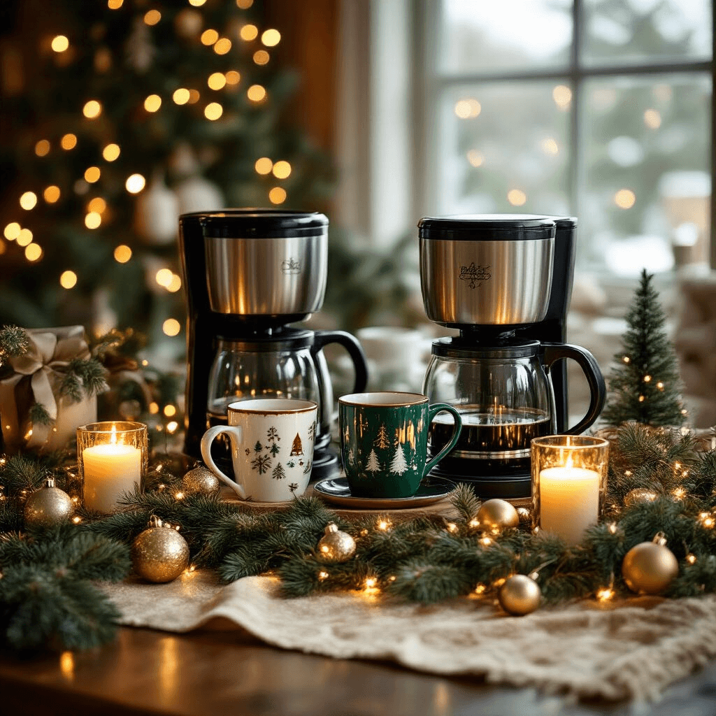 The Ultimate Guide to Dual Coffee Makers: Brewing Perfection for Every Morning A cozy winter holiday coffee bar setup featuring a dual coffee maker topped with festive mugs, surrounded by pine garland and warm string lights, creating an intimate, candlelit atmosphere with a deep forest green, gold, and cream color palette. Soft velvet ribbon, a silk table runner, and ceramic ornaments are artfully arranged around the station.