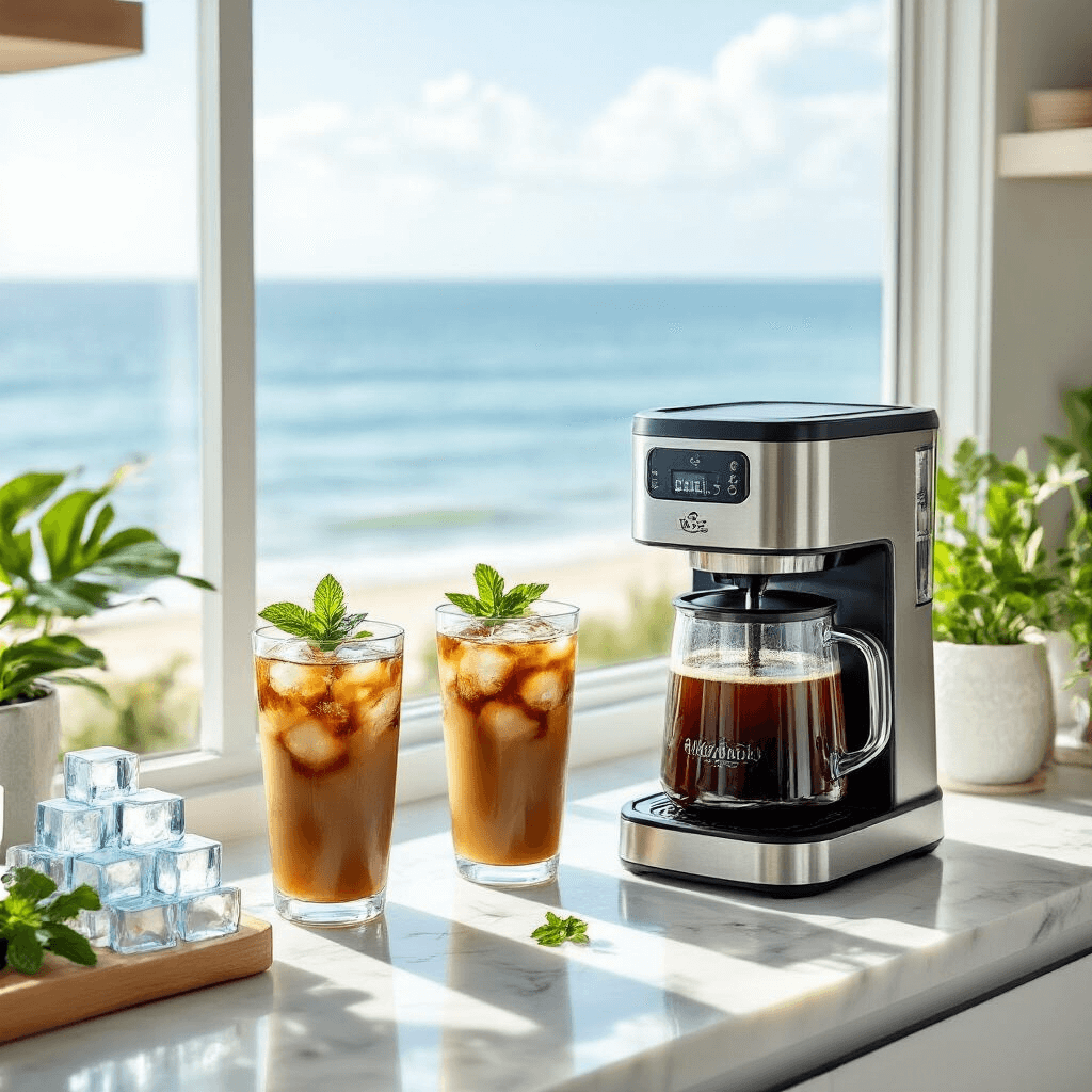 The Ultimate Guide to Dual Coffee Makers: Brewing Perfection for Every Morning A summer iced coffee station featuring a dual coffee maker, tall glasses of iced coffee with fresh mint, and a beachfront kitchen setting, all bathed in bright natural sunlight with an ocean view.