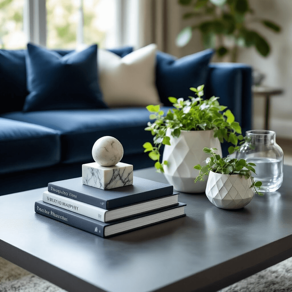 Master the Art of Coffee Table Styling: A Complete Guide to Creating Your Perfect Living Room Centerpiece Close-up detail of a rectangular coffee table styled in three zones: a stack of photography books with a small marble sculpture, geometric ceramic planters with trailing ivy, and assorted glass vessels. The charcoal gray table contrasts with a deep navy velvet sofa. The arrangement features silver and white accents, fresh greenery, and a minimalist aesthetic.
