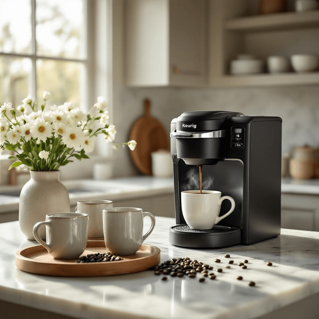 The Ultimate Keurig Duo Coffee Maker: Your Perfect Home Brewing Companion Cinematic wide-angle view of an elegant modern kitchen coffee bar with a sleek Keurig Duo machine, illuminated by soft morning sunlight, showcasing marble countertops with ceramic mugs, a wooden serving tray, fresh white flowers, and coffee beans, creating a serene atmosphere with a neutral color palette.