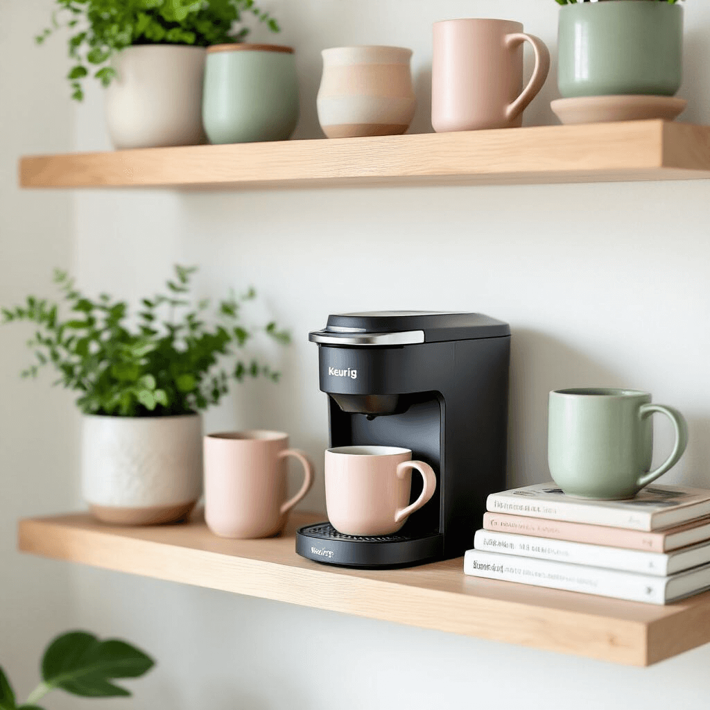 The Ultimate Keurig Duo Coffee Maker: Your Perfect Home Brewing Companion Close-up of a cozy coffee corner featuring a Keurig Duo on a wooden shelf against a white wall, adorned with fresh greenery, coffee books, and artisan mugs in a blush pink and sage palette, creating an inviting atmosphere.