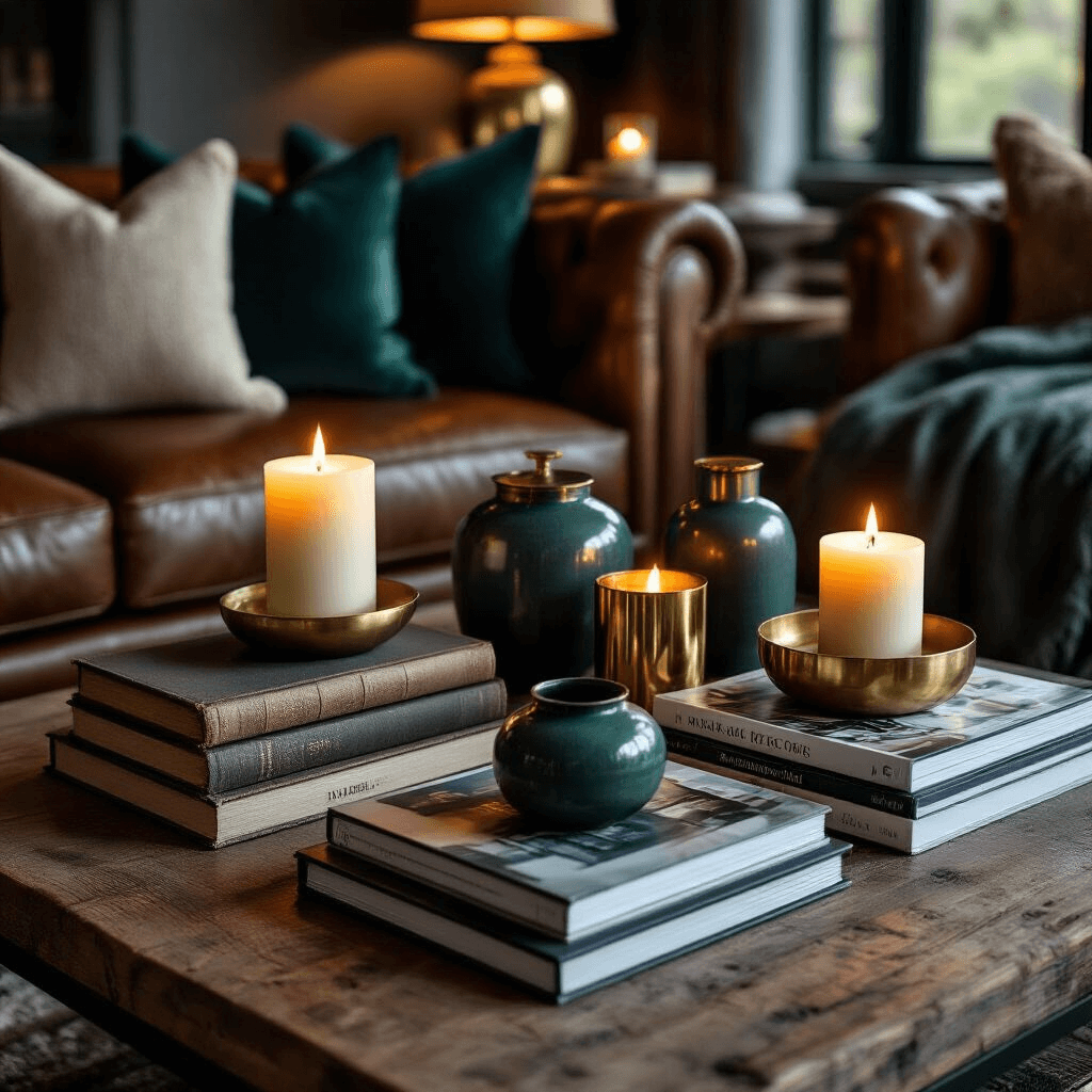 Master the Art of Coffee Table Styling: A Complete Guide to Creating Your Perfect Living Room Centerpiece Moody evening scene of a modern living room coffee table, featuring layered textures like weathered wood, polished brass, and matte ceramics, illuminated by candlelight, with deep jewel tones and warm gold accents, complemented by a leather sofa and cashmere throws.