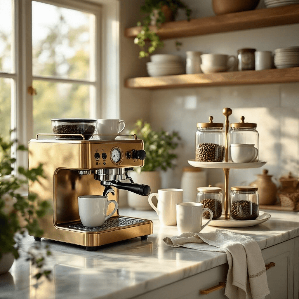 Creating the Perfect Home Coffee Station: Your Ultimate Guide to Caffeine Convenience Photorealistic wide-angle image of a luxury kitchen coffee station featuring marble countertops, a brass espresso machine, and organized glass containers with coffee beans, all bathed in warm golden hour light.