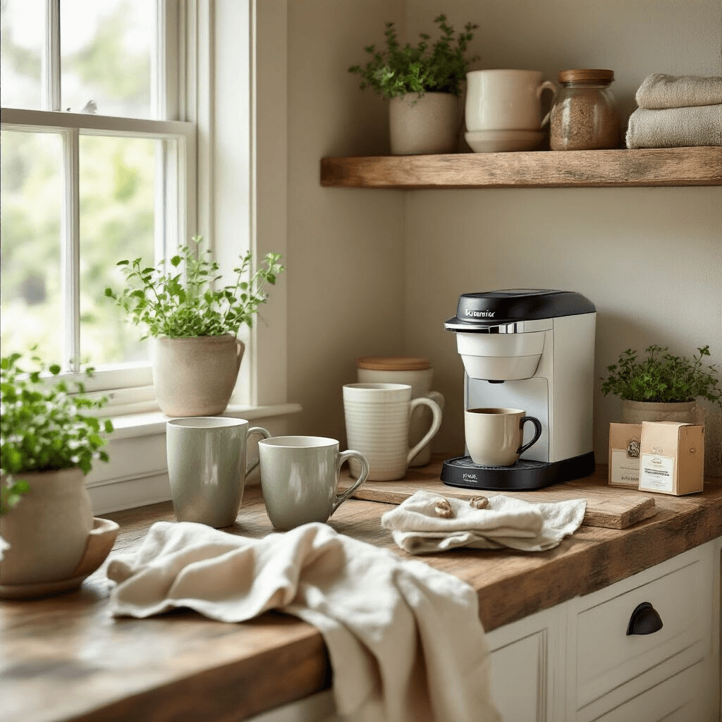 The Ultimate Keurig Duo Coffee Maker: Your Perfect Home Brewing Companion Cinematic 3/4 angle view of a cozy breakfast nook featuring a Keurig Duo on a reclaimed wood console, surrounded by ceramic mugs, linen tea towels, potted herbs, and artisan coffee packaging, all bathed in soft natural daylight with a muted color palette of cream, sage, and natural wood tones.