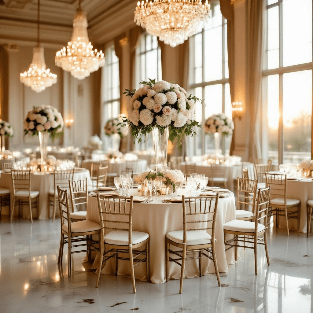 How to Clean Your Cuisinart Coffee Maker: The Ultimate Maintenance Guide Elegant indoor ballroom at golden hour with ivory linens on round tables, blush pink centerpieces, tall glass vases of white peonies, crystal chandeliers illuminating polished marble floors, champagne gold Chiavari chairs, and warm sunlight streaming through floor-to-ceiling windows.