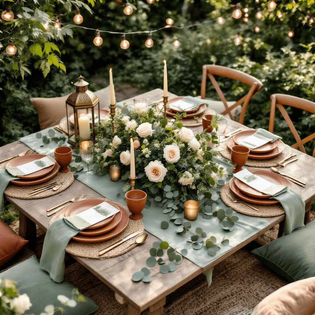 How to Clean Your Cuisinart Coffee Maker: The Ultimate Maintenance Guide An intimate garden party setup featuring low wooden tables with sage green runners, terracotta dinnerware, and brass candlesticks, adorned with lush greenery and cream roses. Vintage brass lanterns and floor cushions in velvet surround the tables, while string lights create a magical ambiance in the soft morning light. Natural textures of woven placemats, linen napkins, and scattered eucalyptus leaves enhance the rustic charm.