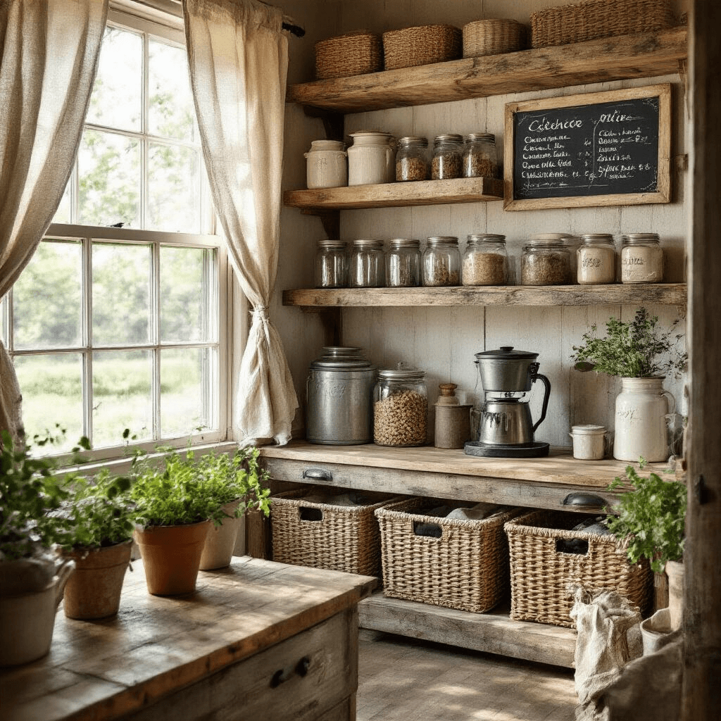 Creating the Perfect Home Coffee Station: Your Ultimate Guide to Caffeine Convenience Cinematic wide shot of a rustic farmhouse pantry coffee station featuring reclaimed wood shelves adorned with mason jars, a vintage enamel coffee pot, and linen storage baskets, illuminated by midday sunlight filtering through sheer curtains. A chalk menu board is visible, along with galvanized metal accents, all rendered in a sage, cream, and natural wood color palette, complemented by layered textures of burlap and distressed metals, while fresh herbs in terra cotta pots add a touch of greenery.