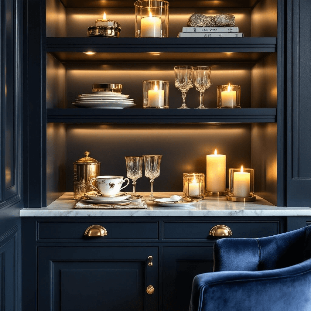 Creating the Perfect Home Coffee Station: Your Ultimate Guide to Caffeine Convenience Detail of a luxurious under-stair coffee corner featuring backlit glass shelving, a marble countertop, and brass hardware, with an elegant place setting, crystal glassware, and ambient candlelight in a deep navy, gold, and ivory color palette, complemented by a velvet chair and custom artwork.
