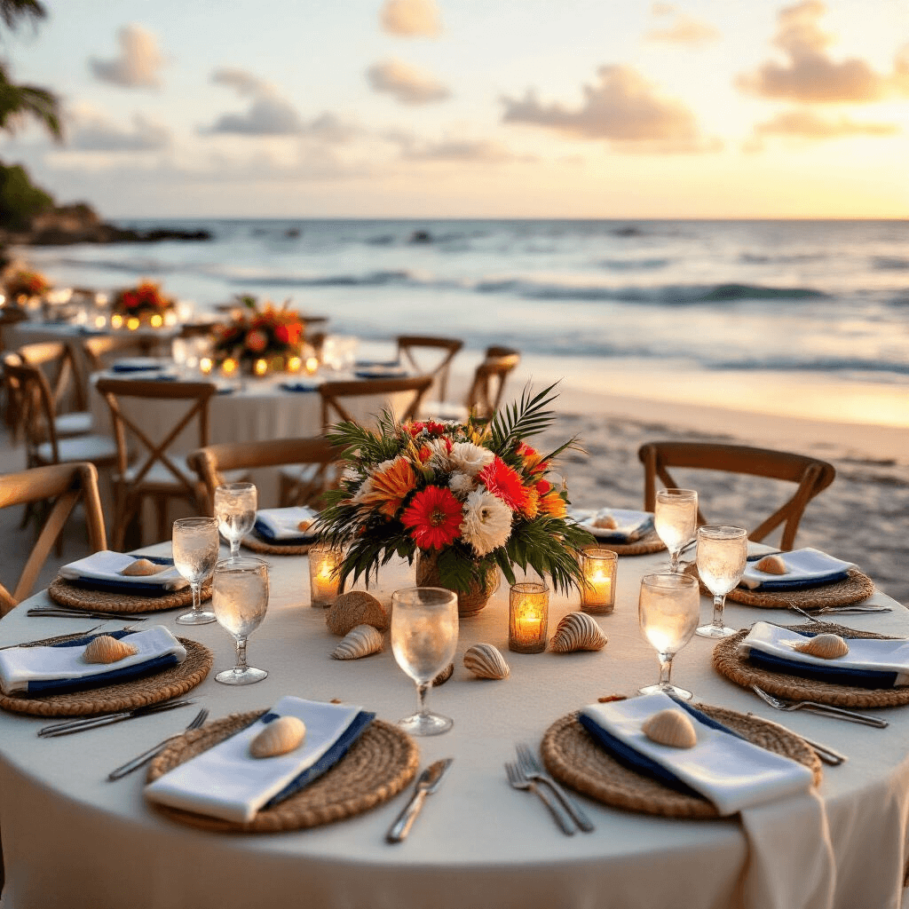 How to Clean Your Cuisinart Coffee Maker: The Ultimate Maintenance Guide Close-up of a beachfront celebration at sunset with round tables draped in flowing white linens, coral and navy floral centerpieces, natural rope charger plates, seashell accents, and tiki torch lighting, set against ocean waves.