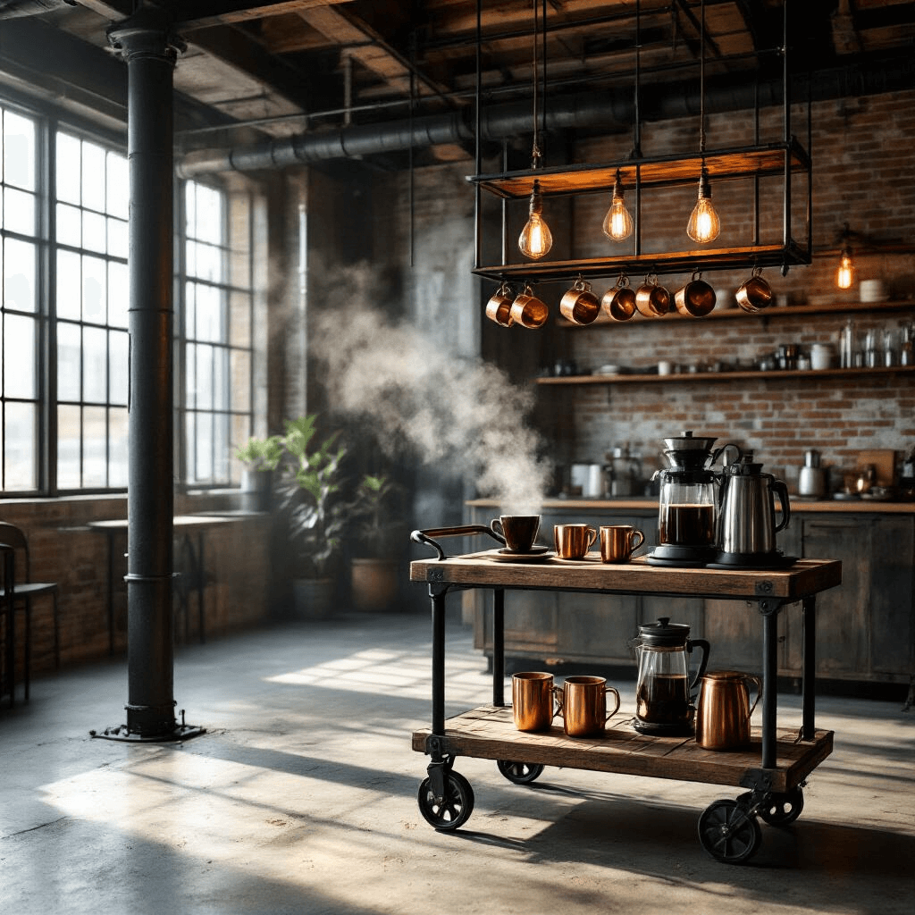Coffee Bar Cart: Transform Your Home Brewing Experience An industrial coffee bar cart in a modern loft, featuring reclaimed wood shelves and hanging copper mugs, with morning sunlight streaming through tall windows, steam rising from a French press, surrounded by scattered dark roast beans, all set against exposed brick walls and concrete floors.