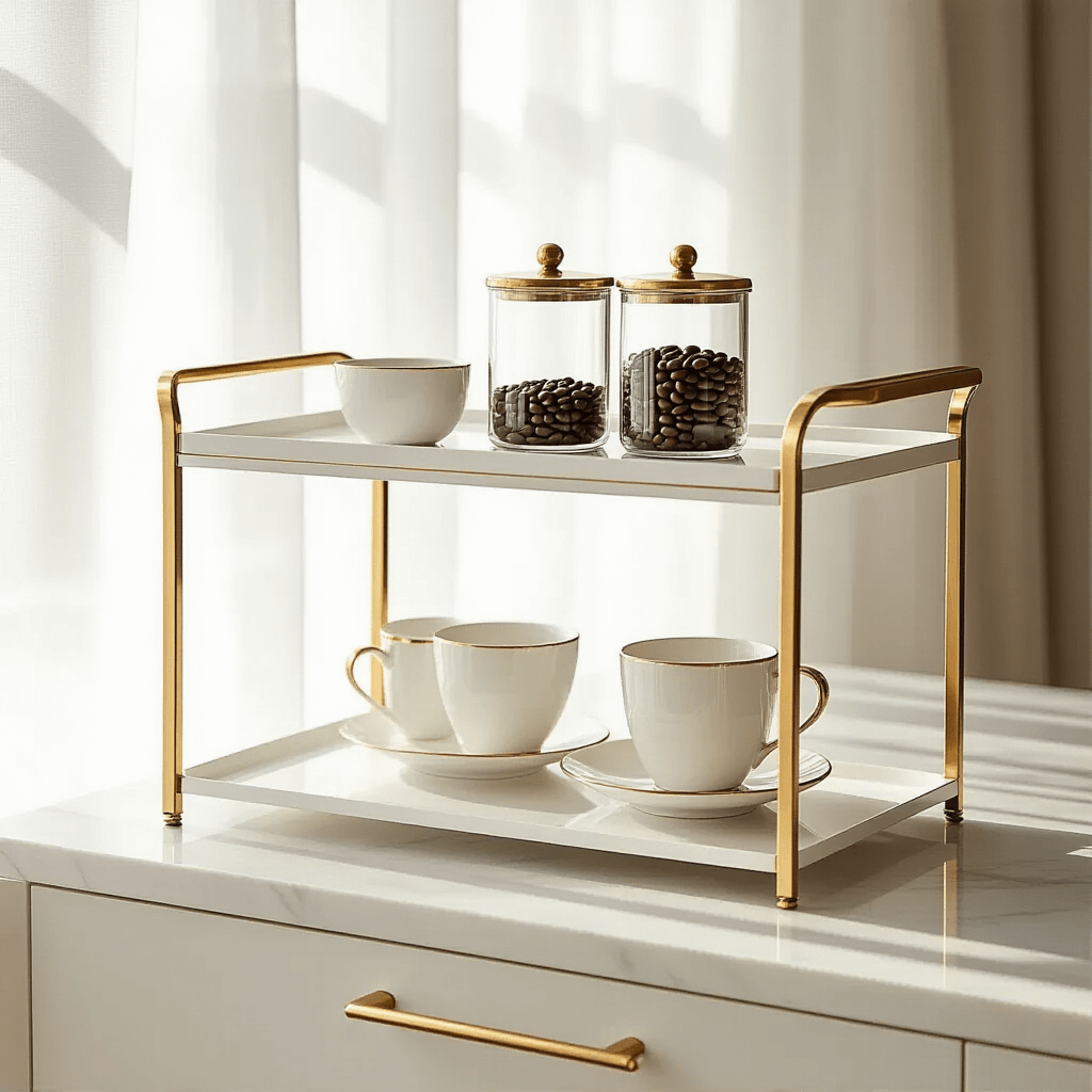 Coffee Bar Cart: Transform Your Home Brewing Experience Minimalist coffee cart in a bright apartment featuring white surfaces with champagne gold accents, filled with glass containers of coffee beans and elegant porcelain cups against a marble countertop, illuminated by soft natural light through sheer curtains.